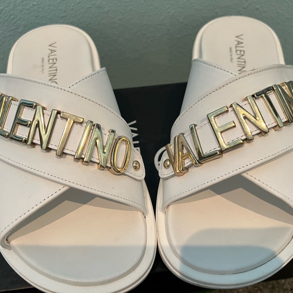 Valentino White and Gold Sandals with Crossover Straps